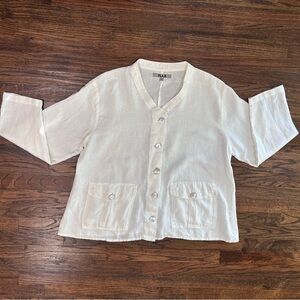 FLAX Button Down 100% Linen Blouse w/Two Front Pockets and Pearl Buttons Size L